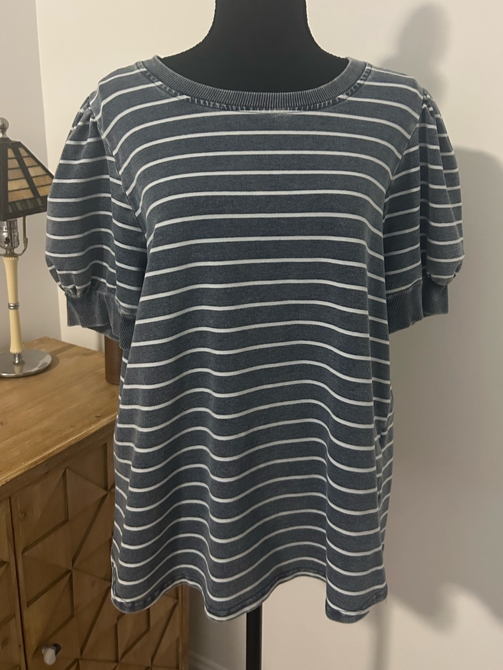 Jane + Delancey Striped Puff Sleeve Knit Top Blue White Size L